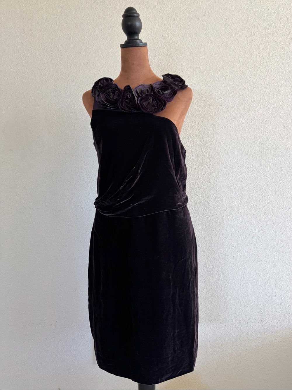 Emporio Armani Dark Purple Velvet One-Shoulder Dress with Rosette Trim